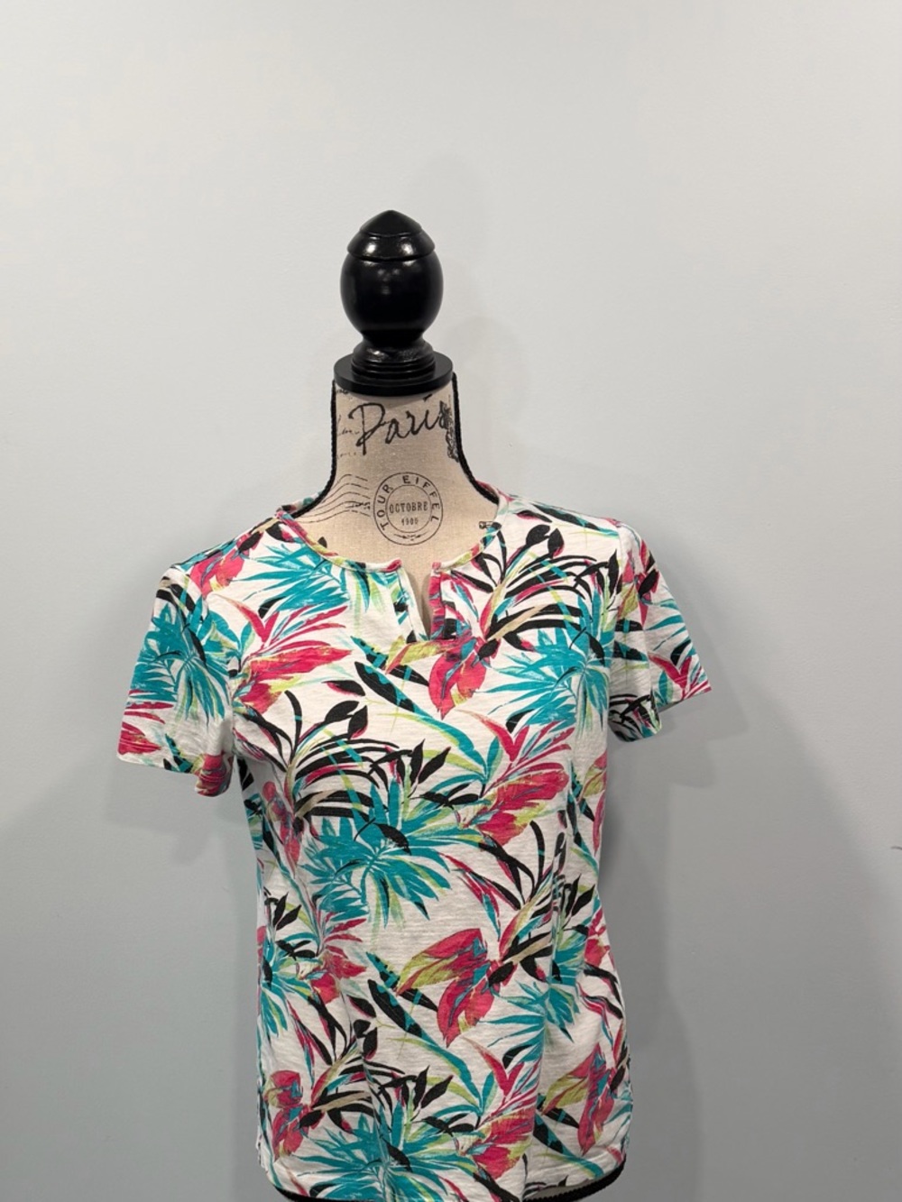 Chico's Short Sleeve Tropical Print Top - White, Teal & Pink